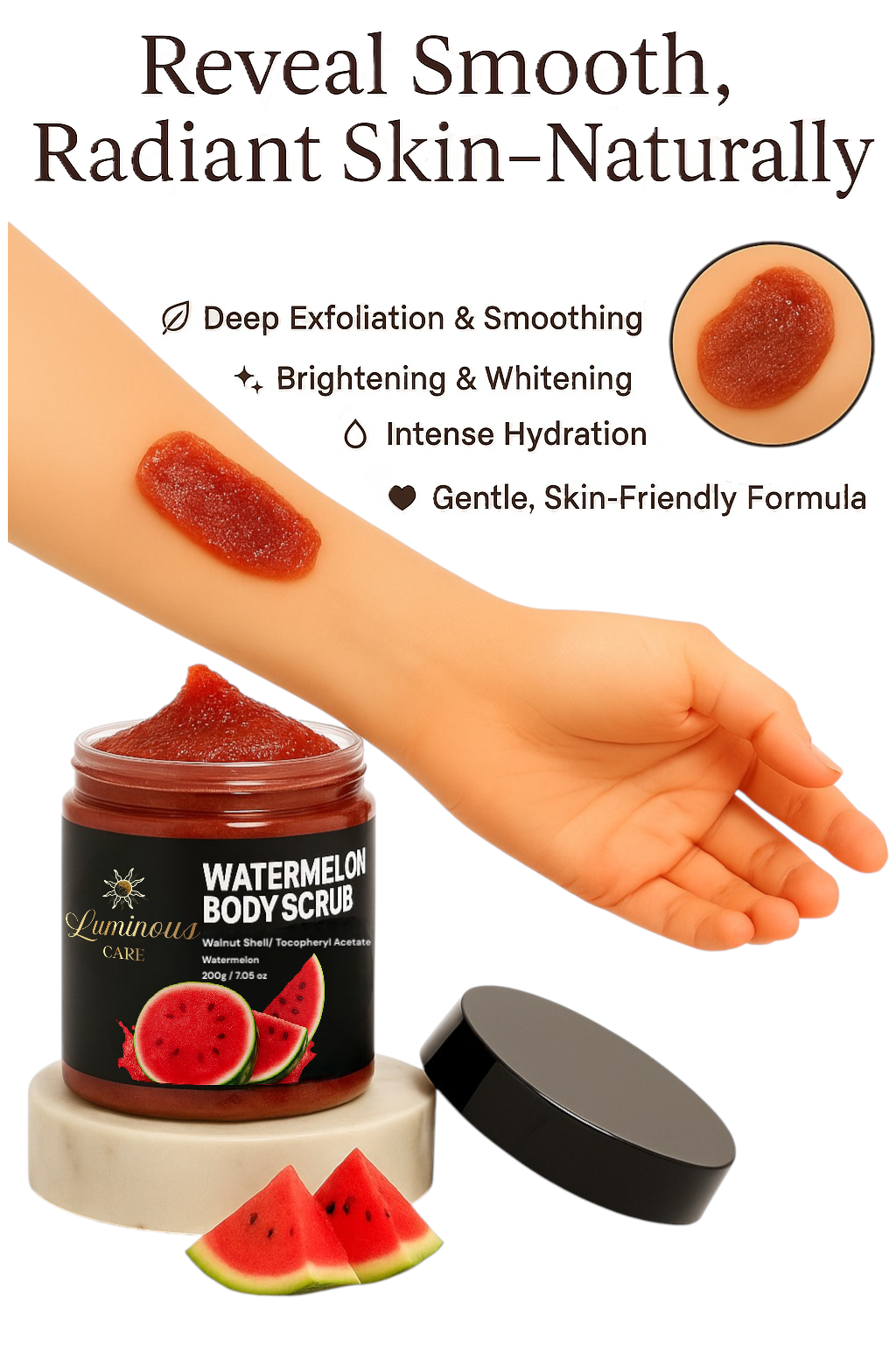 Luminous Care Watermelon Body Scrub 200g applied on arm, showing vibrant red exfoliating texture and natural formula for smooth, hydrated skin.

