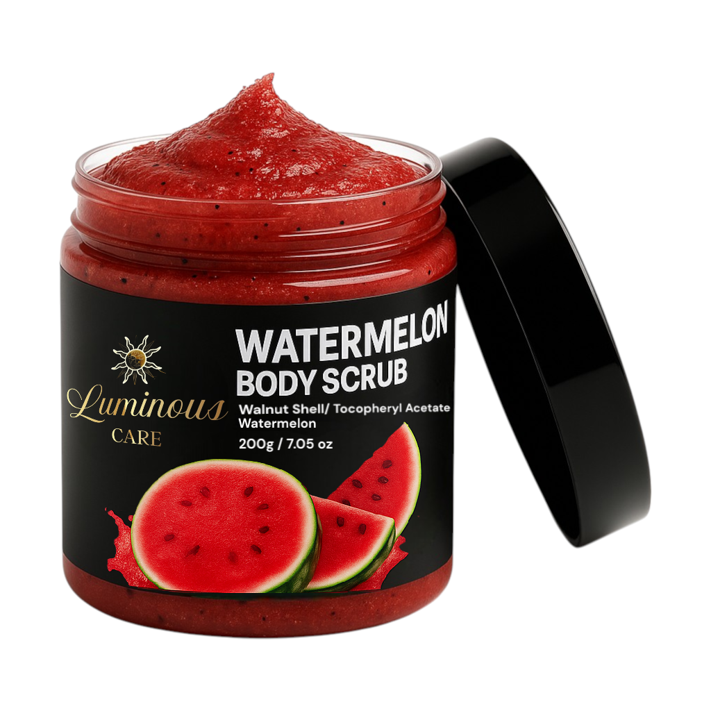 Luminous Care Watermelon Body Scrub open jar, revealing lush red exfoliating formula enriched with walnut shell and tocopheryl acetate for smooth, hydrated skin.