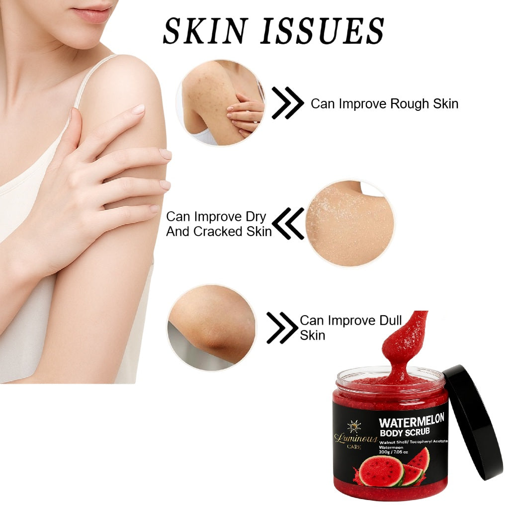 Luminous Care Watermelon Body Scrub benefits infographic: Can improve rough, dry, cracked, and dull skin. Shows exfoliating formula, watermelon jar, and skin issue visuals.