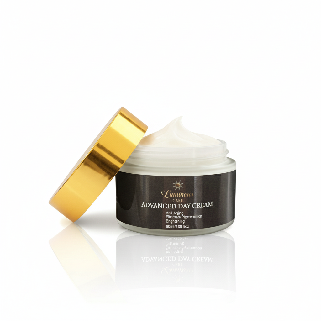 Luminous Care Advanced Day Cream jar with gold lid on white background – brightening and anti-aging moisturizer