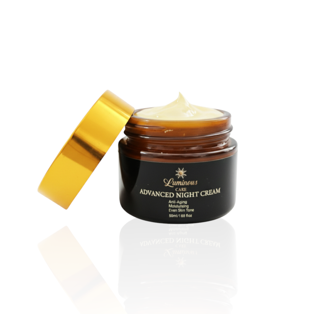 Luminous Care Advanced Night Cream jar with gold lid on a white background for anti-aging and moisturizing benefits.