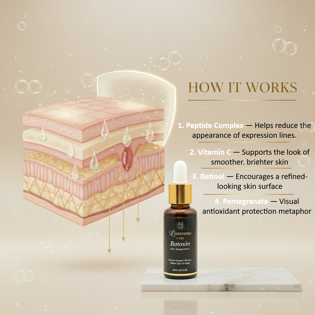 Peptide complex smoothing expression lines, vitamin C brightening, retinol renewing, pomegranate antioxidant shield.