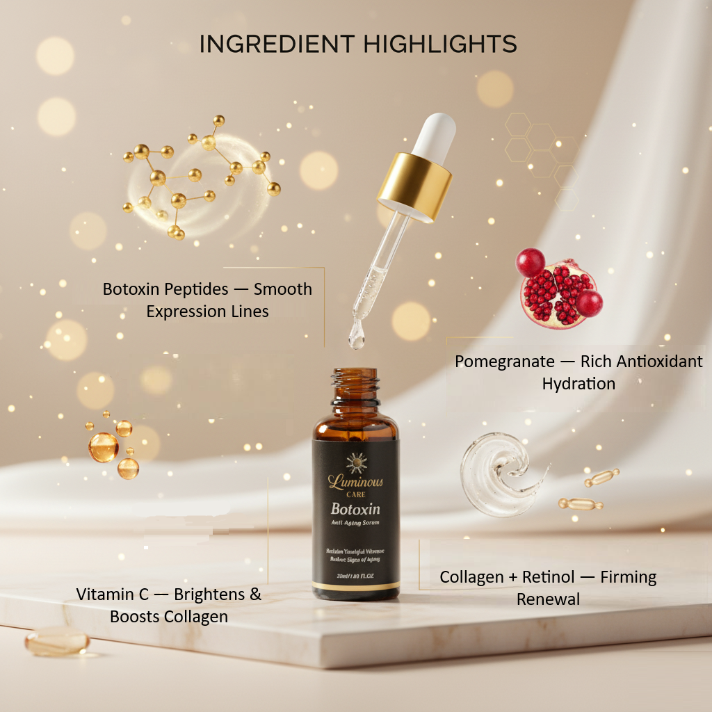 Botoxin peptides, vitamin C, pomegranate, collagen, and retinol ingredient callouts around serum bottle.
