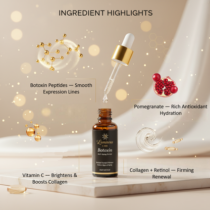 Botoxin peptides, vitamin C, pomegranate, collagen, and retinol ingredient callouts around serum bottle.