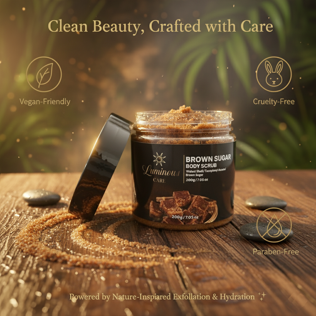 Vegan friendly, cruelty free, paraben free body scrub jar with natural rocky setting.