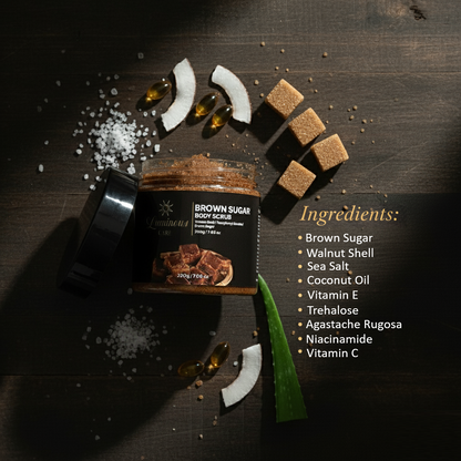Luminous Care Brown Sugar Body Scrub ingredients displayed including brown sugar, walnut shell, sea salt, coconut oil, vitamin E, niacinamide, and vitamin C.
