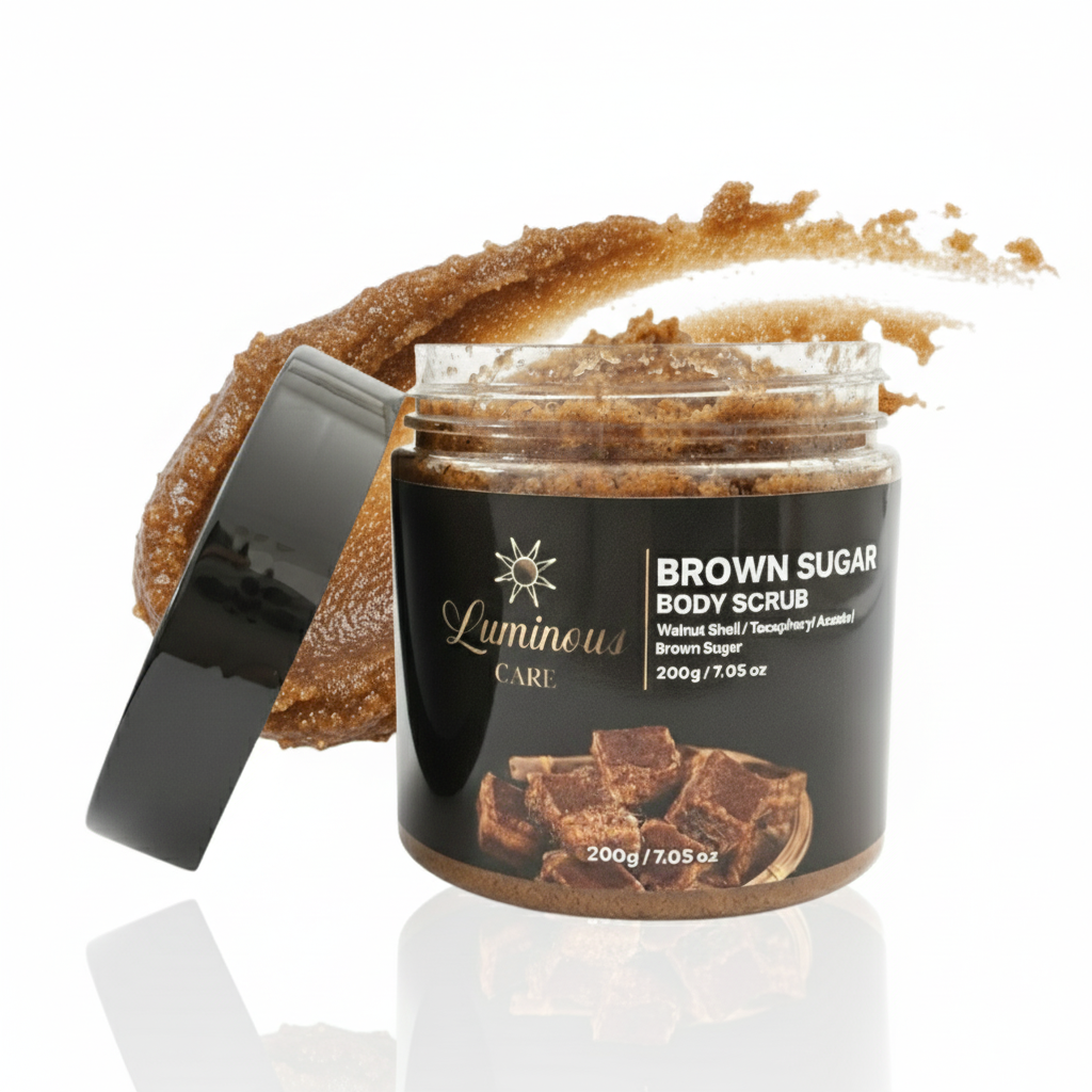 Luminous Care Brown Sugar Body Scrub jar opened with brown sugar exfoliant texture displayed.
