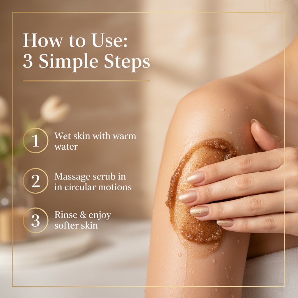 Apply scrub in circular motions on wet skin then rinse for smoother texture.
