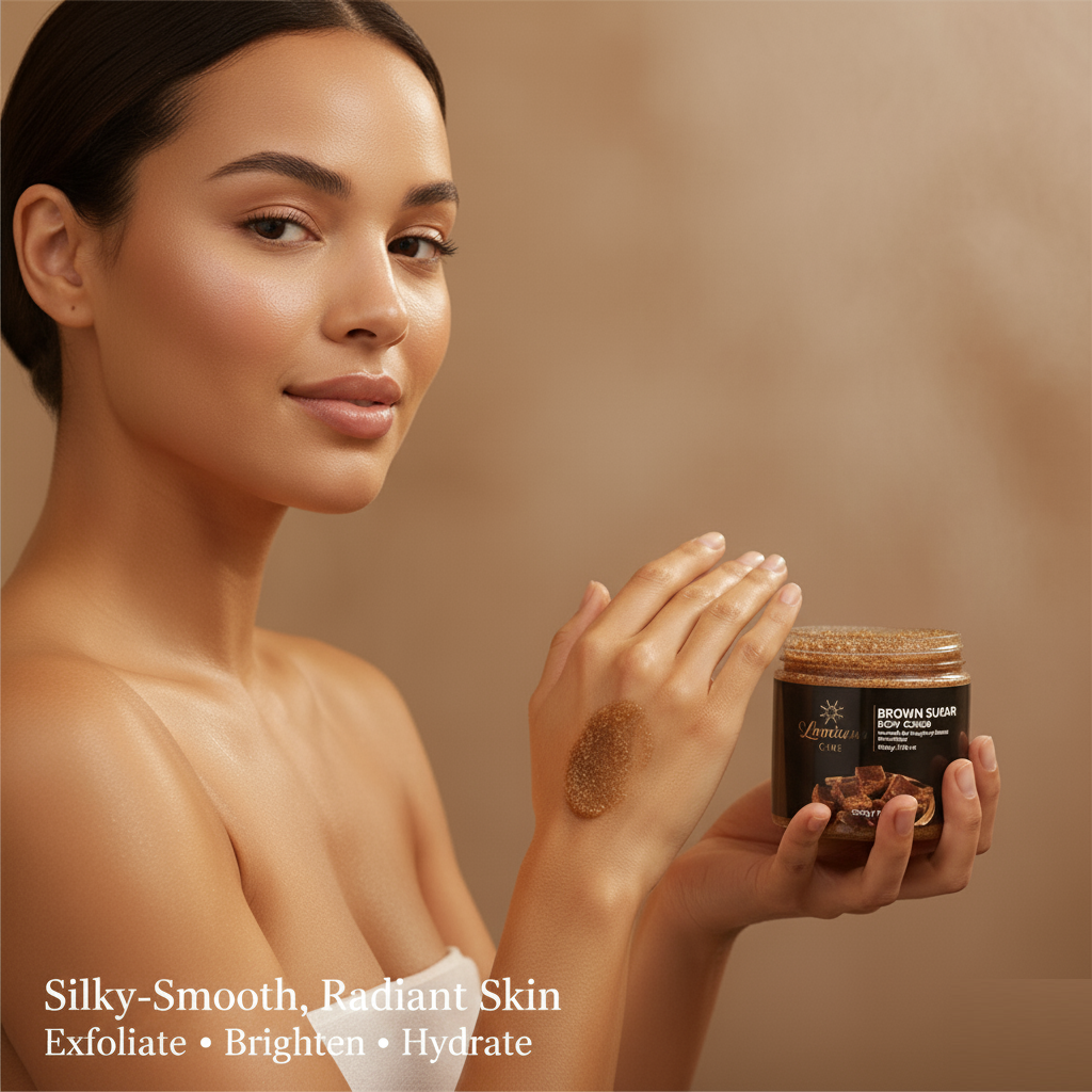 Model using brown sugar exfoliating scrub to smooth and brighten skin.