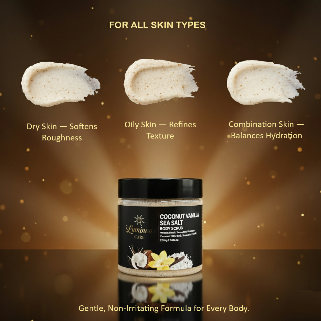 Coconut Vanilla Body Scrub suitable for dry, oily, and combination skin showing texture swatches above product.