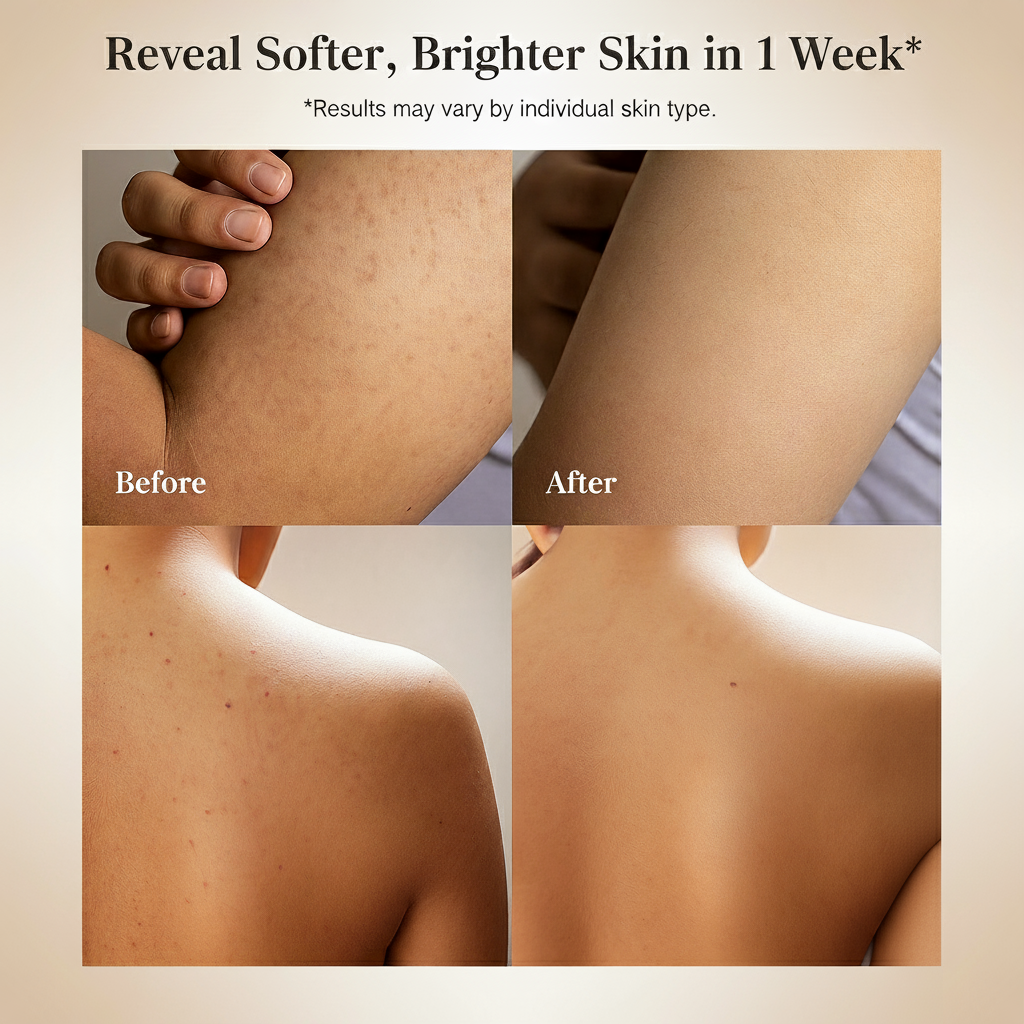Before and after comparison showing smoother-looking body skin after exfoliating scrub use.