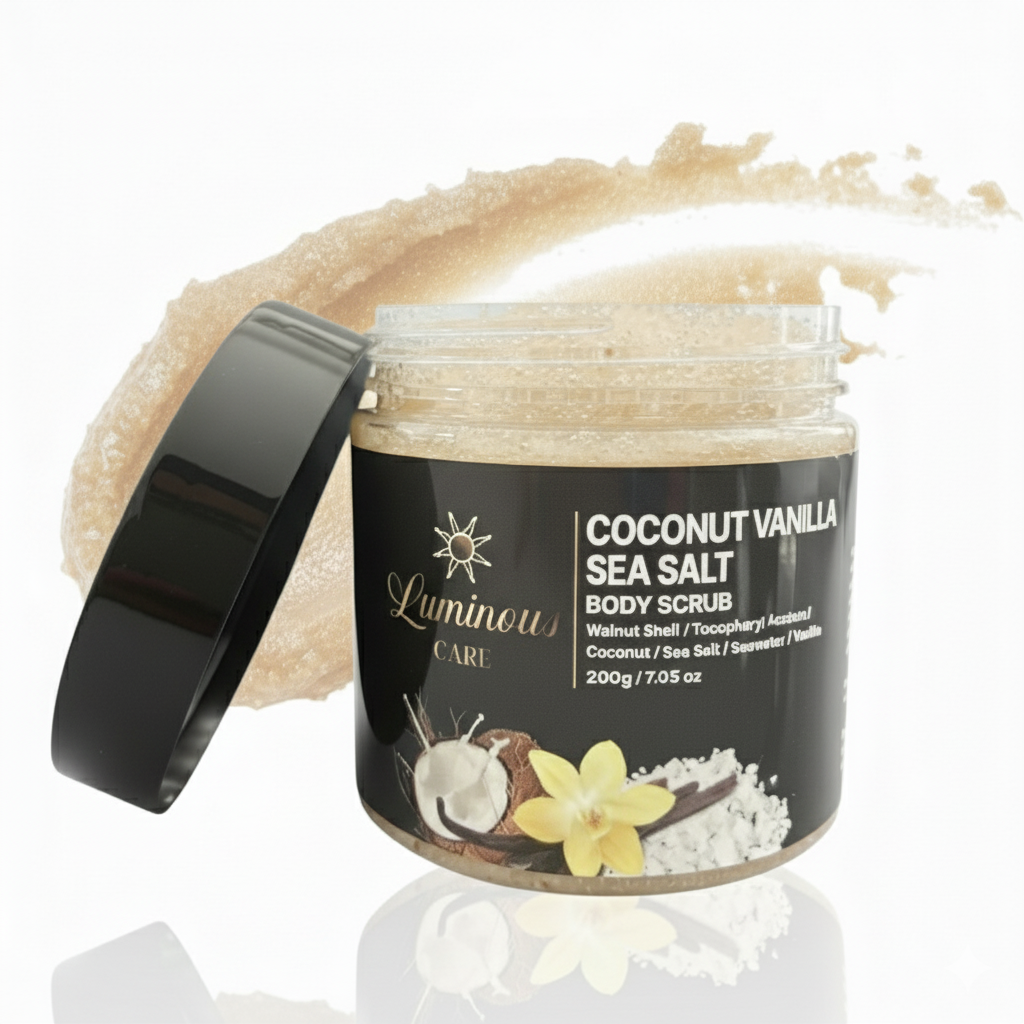 Coconut Vanilla Sea Salt Body Scrub with labeled key ingredients including sea salt, walnut shell, coconut oil, vitamin E and niacinamide.