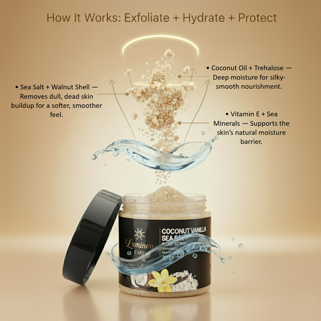 How Coconut Vanilla Sea Salt Body Scrub works with sea salt and walnut exfoliation plus coconut oil and vitamin E moisture.