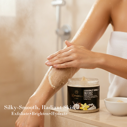Coconut Vanilla Sea Salt Body Scrub clean beauty icons vegan friendly cruelty free paraben free.