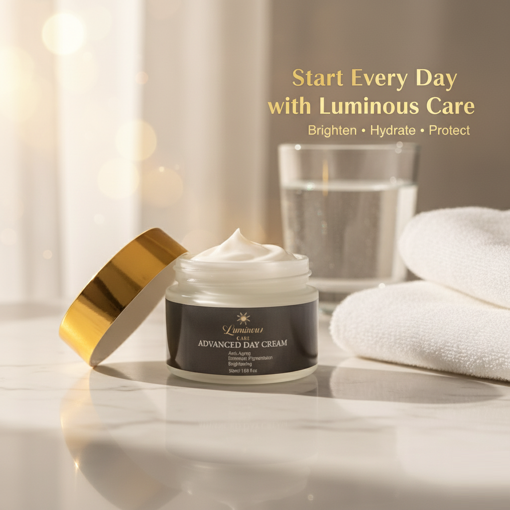 Luminous Care Advanced Day Cream on marble vanity with towel and water glass – brighten, hydrate, protect