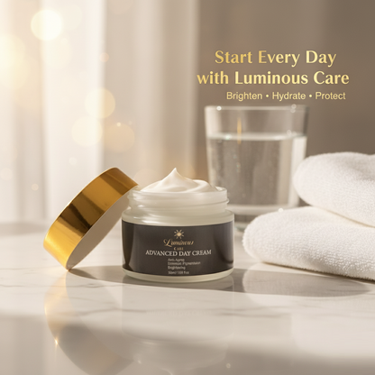 Luminous Care Advanced Day Cream on marble vanity with towel and water glass – brighten, hydrate, protect
