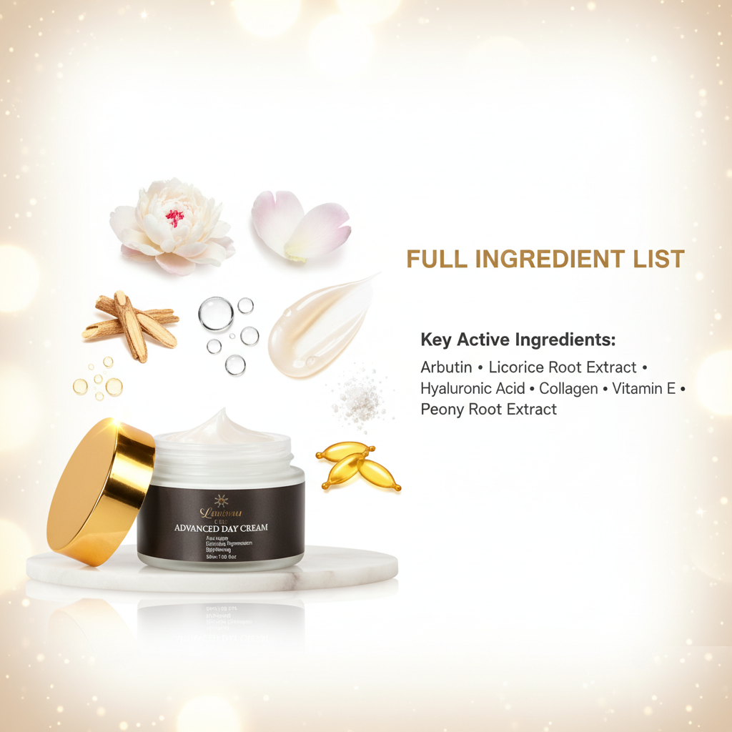 Luminous Care Advanced Day Cream full ingredient list with Arbutin, Licorice Root, Collagen, Vitamin E, Hyaluronic Acid