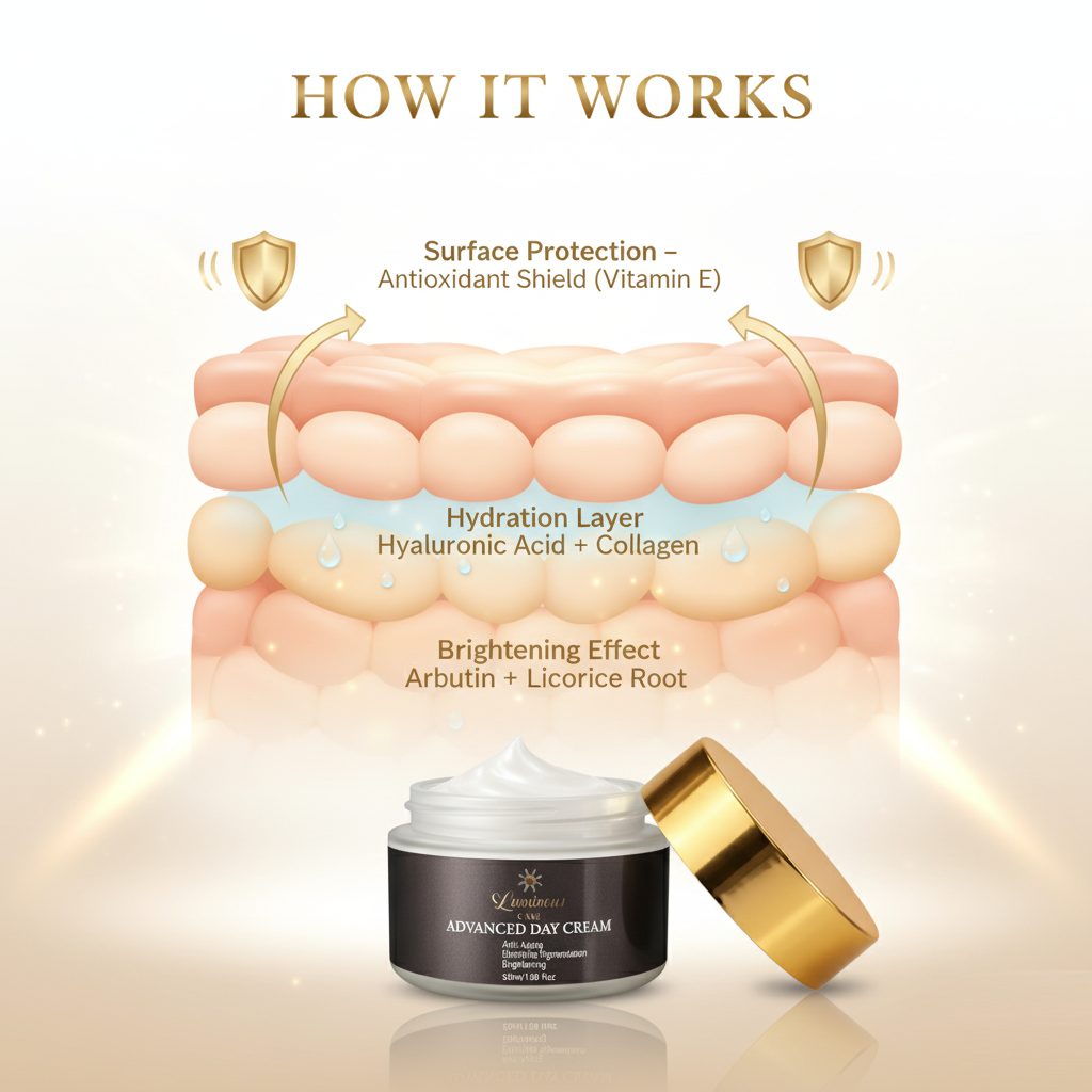 Luminous Care Advanced Day Cream mechanism – antioxidant shield, hydration layer, and brightening effect