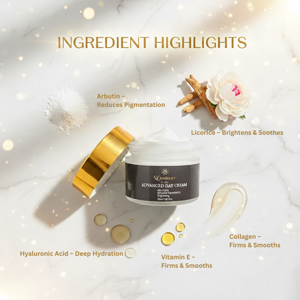 Arbutin, Licorice, Collagen, Hyaluronic Acid, Vitamin E – Luminous Care Advanced Day Cream ingredients
