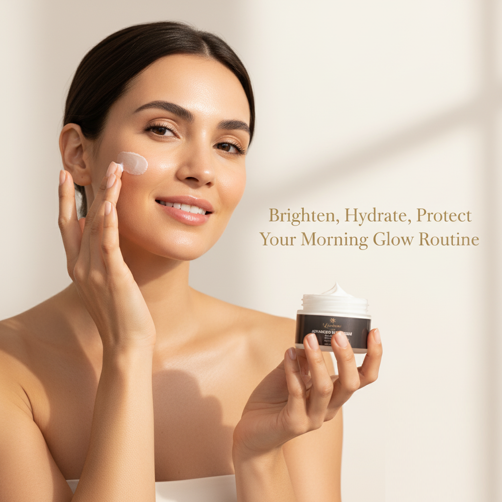 Woman applying Luminous Care Advanced Day Cream to her face – brightening and hydrating morning routine