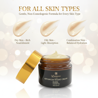 Luminous Care Night Cream suitable for dry, oily, and combination skin types with balanced nourishment and hydration.