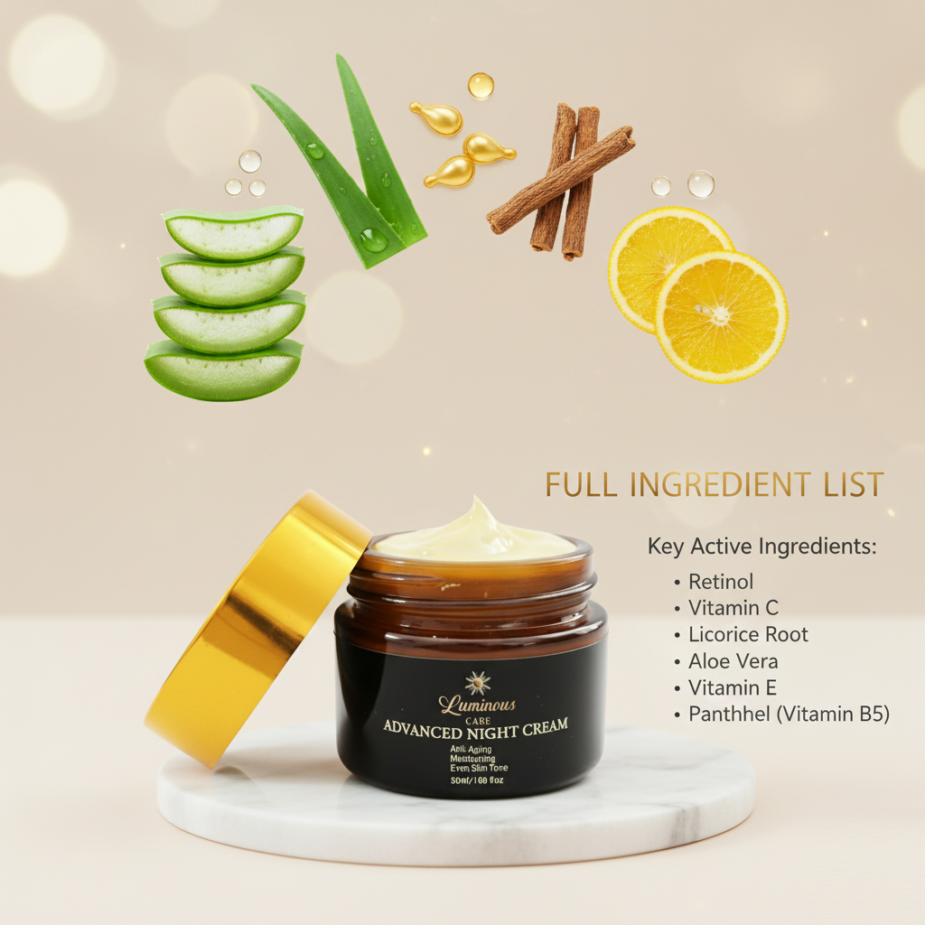 Full ingredient list for Luminous Care Advanced Night Cream including retinol, vitamin C, aloe vera, licorice root, vitamin E, and panthenol.