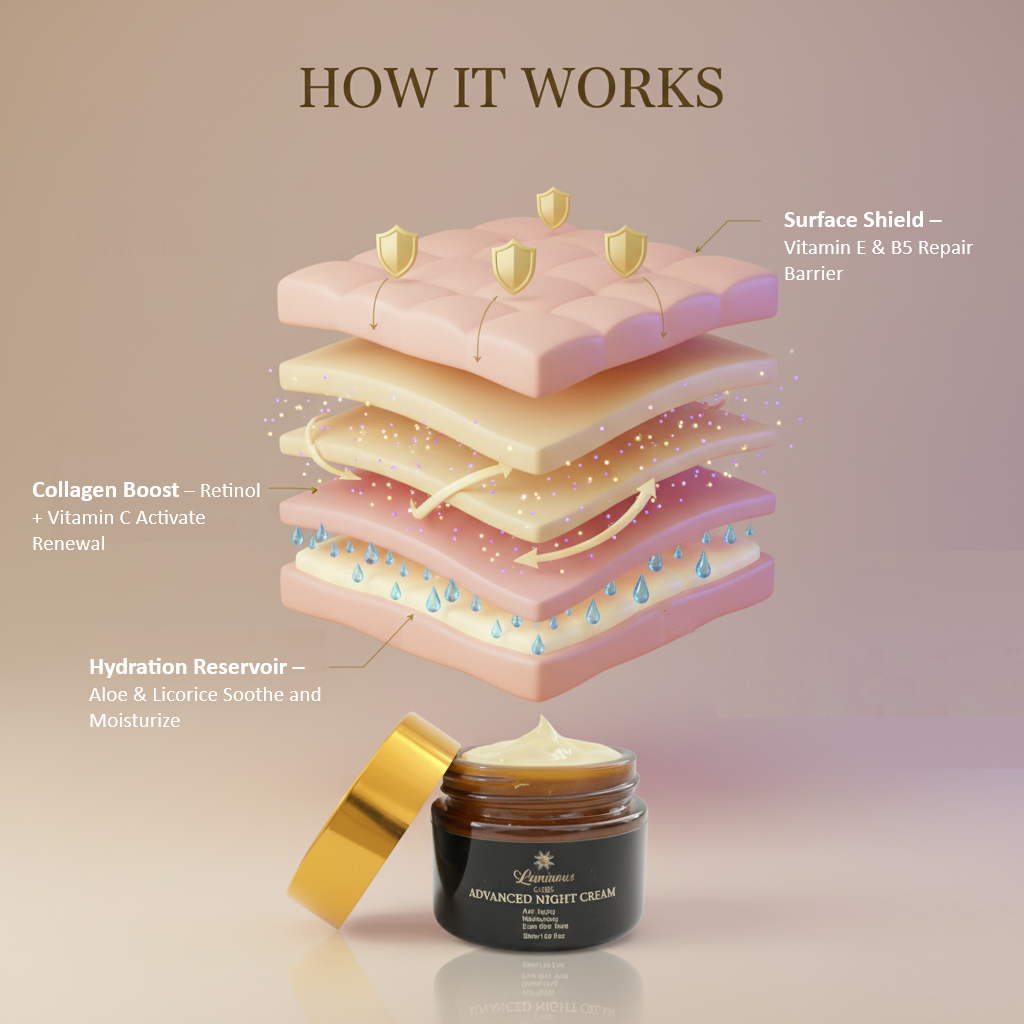 Layered skin diagram showing collagen boost, hydration reservoir, and surface barrier repair from Luminous Care Night Cream.