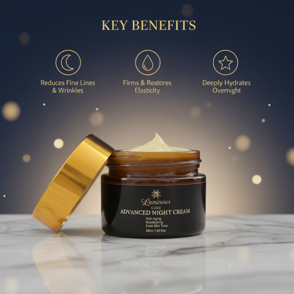 Luminous Care Advanced Night Cream reduces wrinkles, restores elasticity, and deeply hydrates overnight.