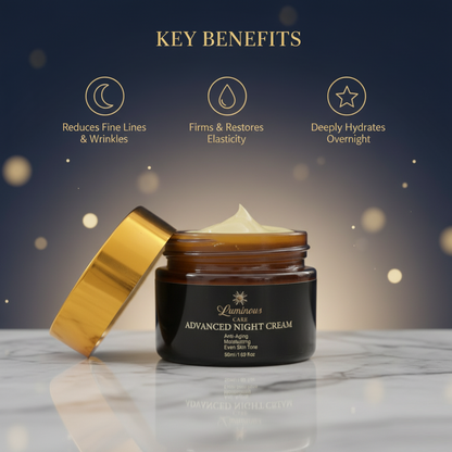 Luminous Care Advanced Night Cream reduces wrinkles, restores elasticity, and deeply hydrates overnight.