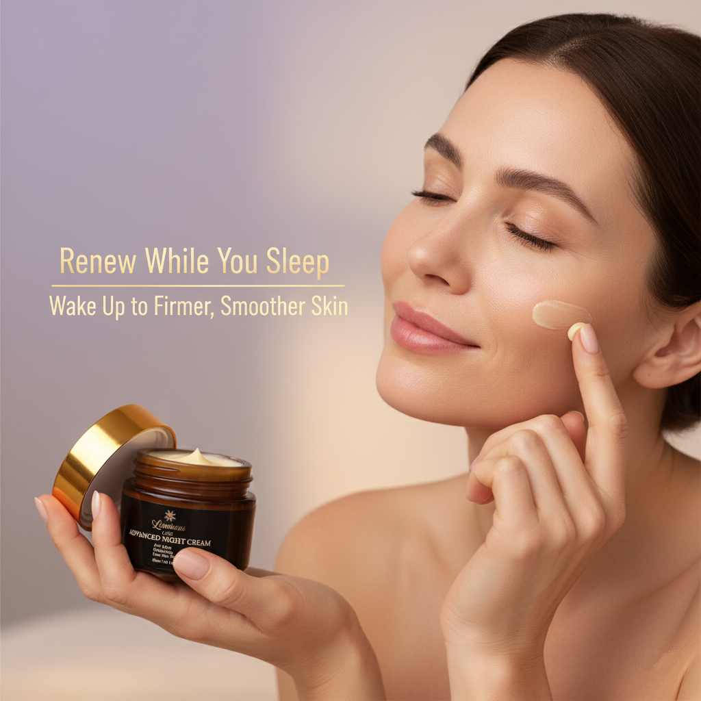 Woman applying Luminous Care Advanced Night Cream to her face for overnight renewal and smoother skin.