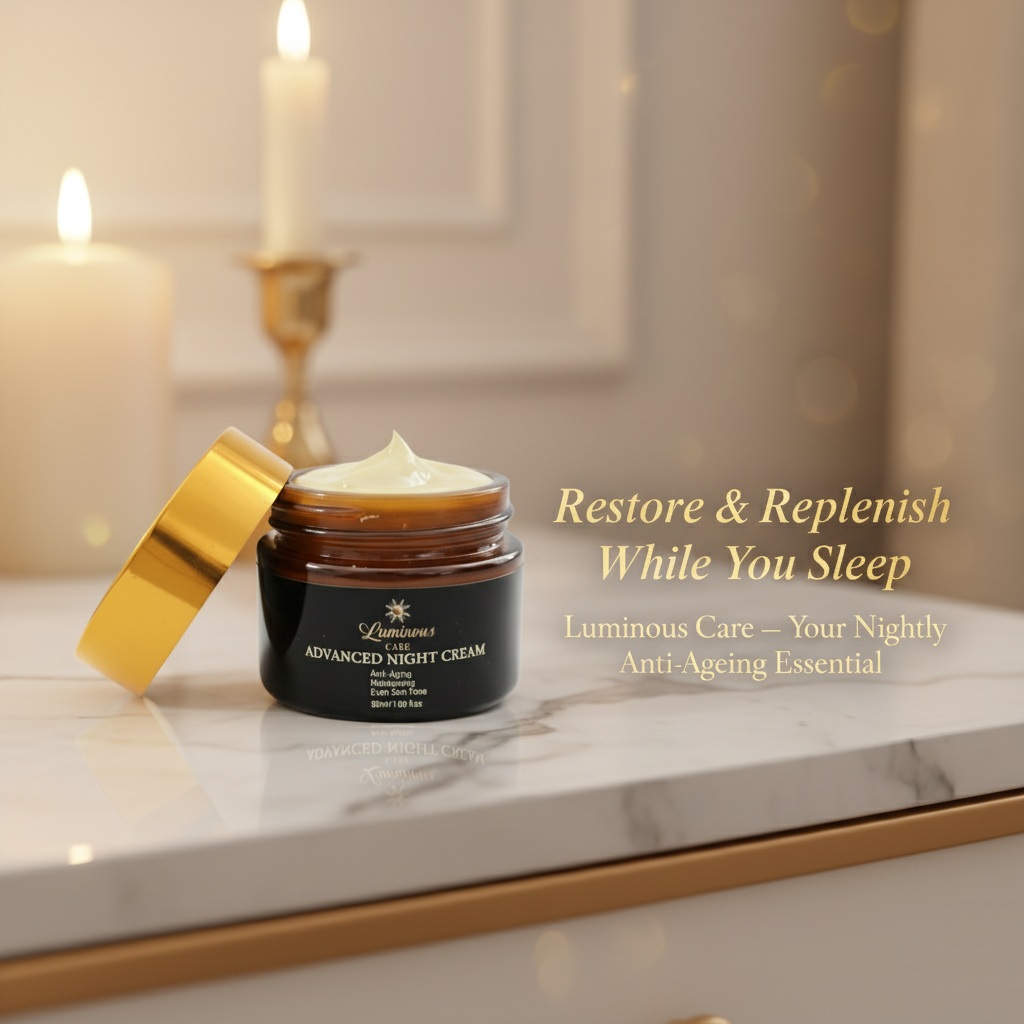 Luminous Care Advanced Night Cream on marble vanity with candlelit ambiance promoting nightly restoration and replenishment.