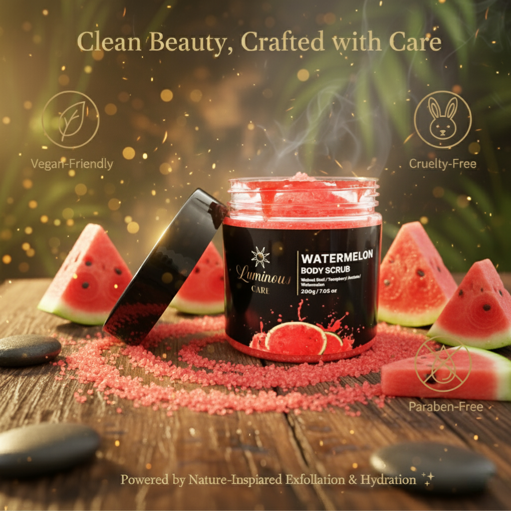 Open jar with watermelon pieces and icons for vegan, cruelty-free, paraben-free.