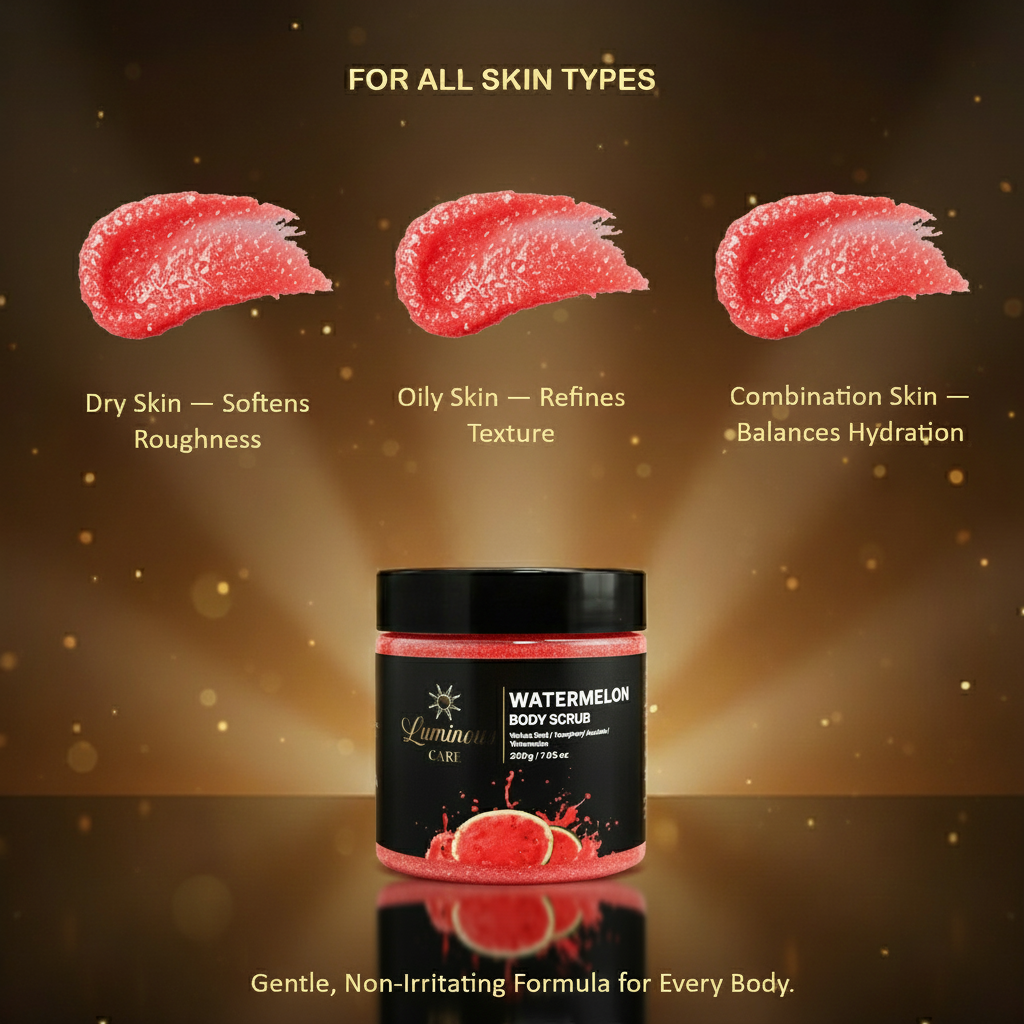 Three scrub swatches above jar labeled dry, oily, combination skin suitability.