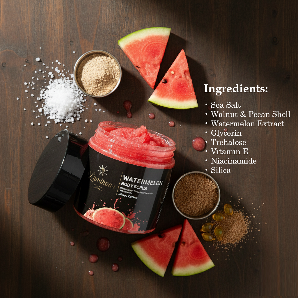 Dark wood flatlay listing ingredients including sea salt, walnut shell, pecan shell, glycerin, trehalose, vitamin E, niacinamide, silica.