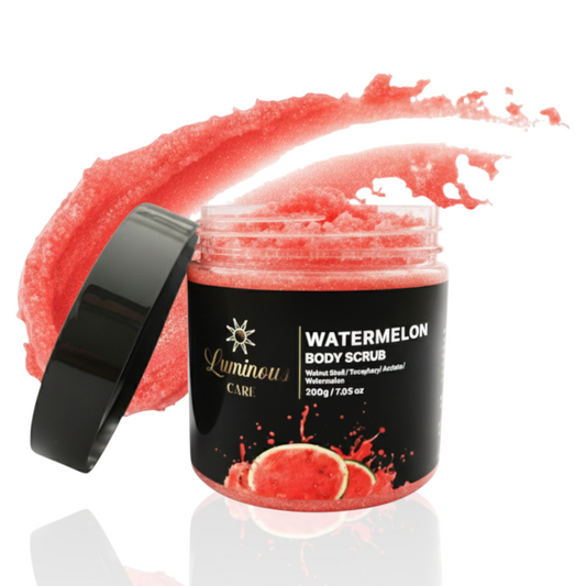 Open jar of watermelon body scrub with splash texture behind on clean white background.