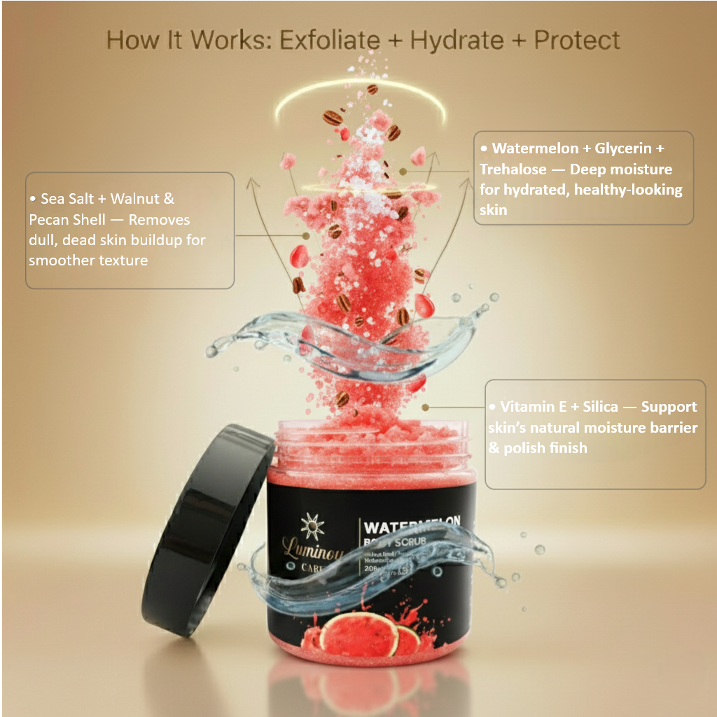 Exploded scrub graphic showing sea salt + shells exfoliate, watermelon + glycerin + trehalose hydrate, vitamin E + silica support barrier.