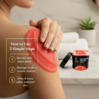 Step-by-step: wet skin, massage scrub in circular motions, rinse for softer hydrated skin.