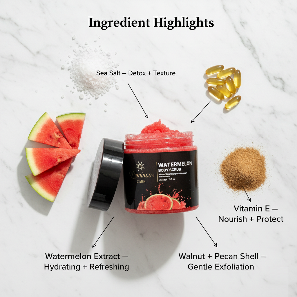 Marble flatlay with sea salt, vitamin E capsules, walnut and pecan shell, watermelon slices around open jar.