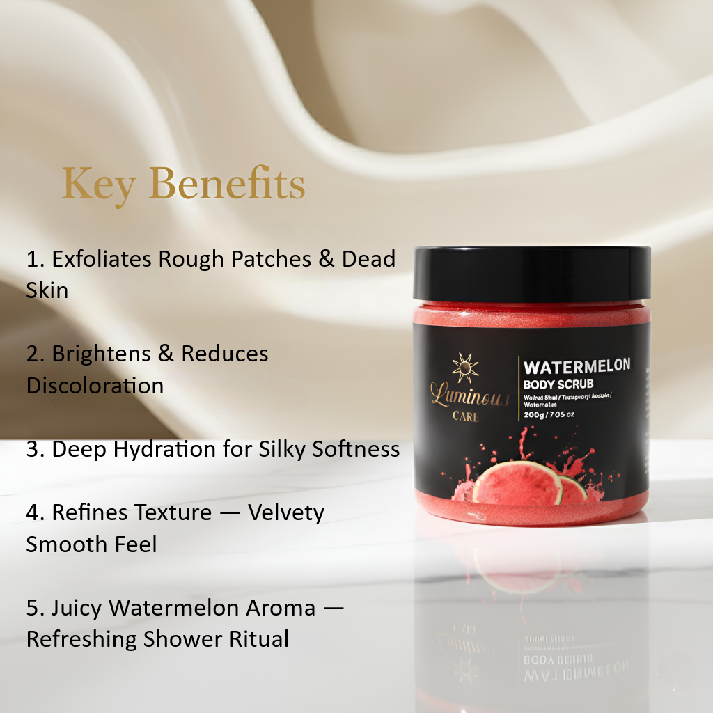 Key benefits list for watermelon body scrub: exfoliates, brightens, hydrates, refines texture, juicy aroma.