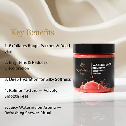 Key benefits list for watermelon body scrub: exfoliates, brightens, hydrates, refines texture, juicy aroma.