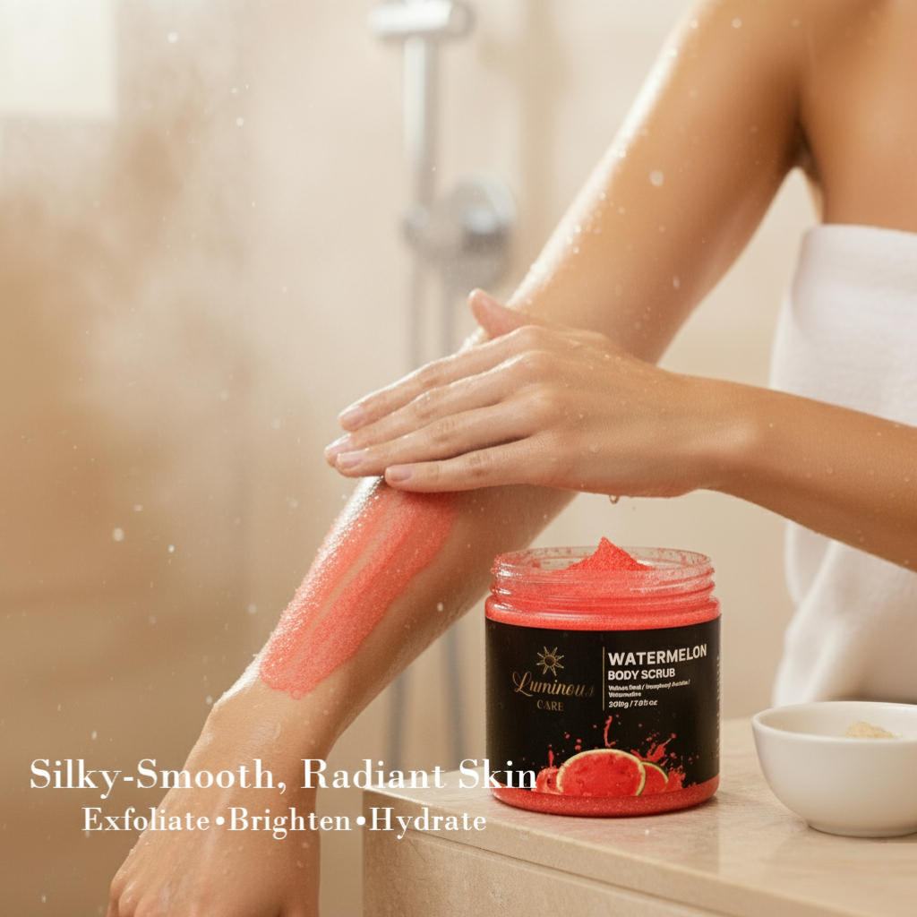 Close-up of watermelon body scrub spread on hand; hydrated dewy skin.
