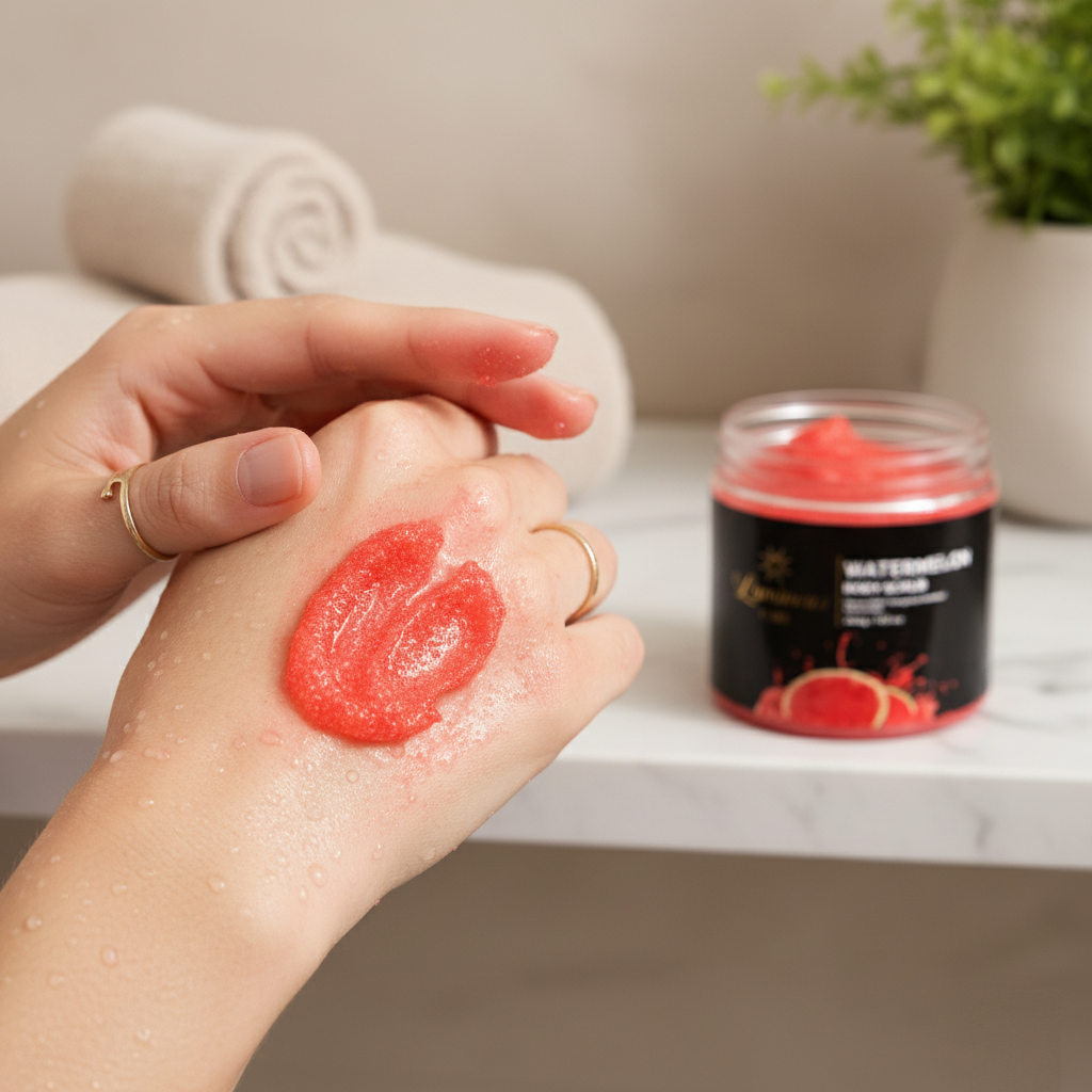 Close-up of wet hand with watermelon body scrub applied, product jar softly blurred in the background.