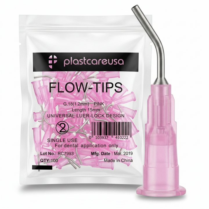 PlastCare USA Pre-Bent Dispensing Tips 18 Gauge 1.2mm Pink 100 Pack