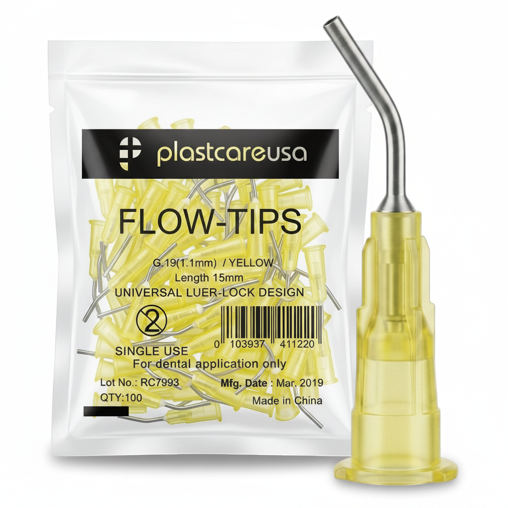 PlastCare USA Pre-Bent Dispensing Tips 19 Gauge 1.1mm Yellow 100 Pack