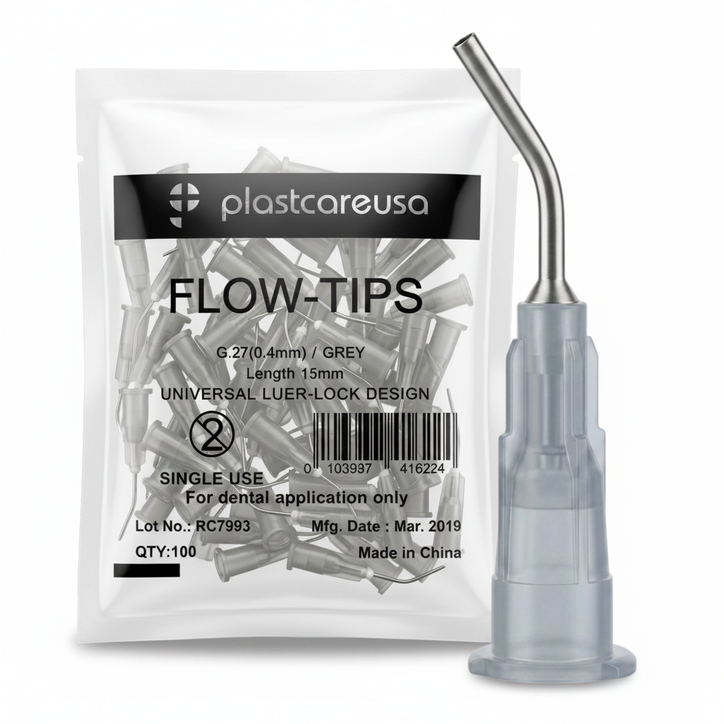PlastCare USA Pre-Bent Dispensing Tips 27 Gauge 0.4mm Grey 100 Pack