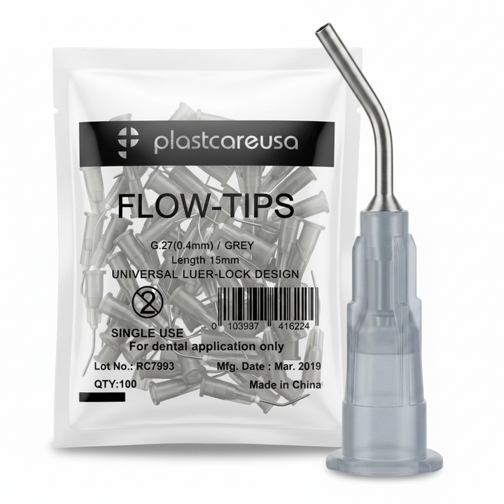 PlastCare USA Pre-Bent Dispensing Tips 27 Gauge 0.4mm Grey 100 Pack
