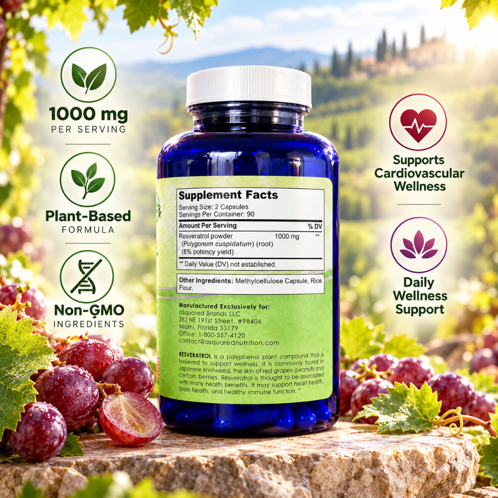 aSquared Nutrition Resveratrol Ultra Strength 1000mg – 180 Capsules – 90 Day Supply