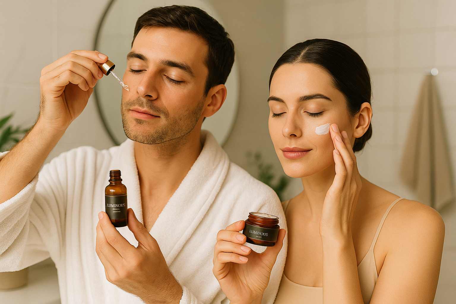 Man and woman applying Luminous Care unisex skincare products in a modern bathroom — using face serum and moisturizer as part of a luxury wellness routine.